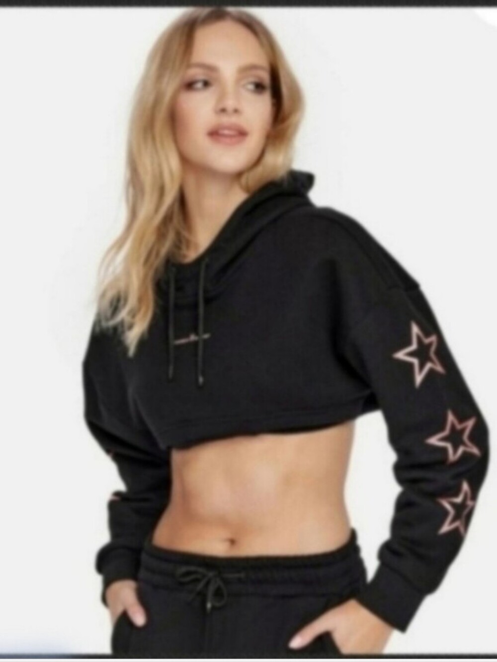 Black Cropped Hoodie with Star Sleeve Detail - Women's Top